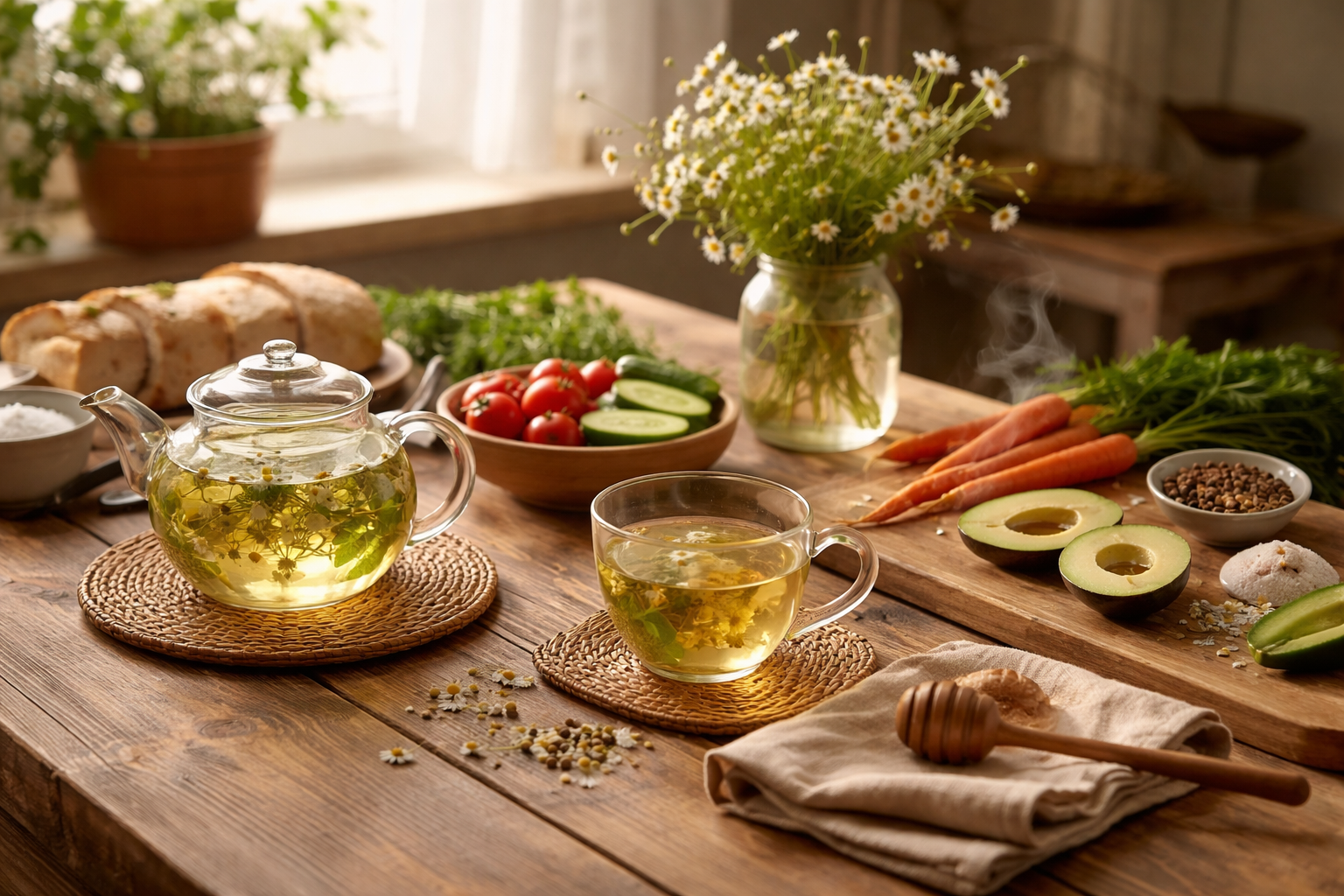 peaceful morning routine with herbal tea and fresh vegetables on wooden table, natural lighting, calm atmosphere