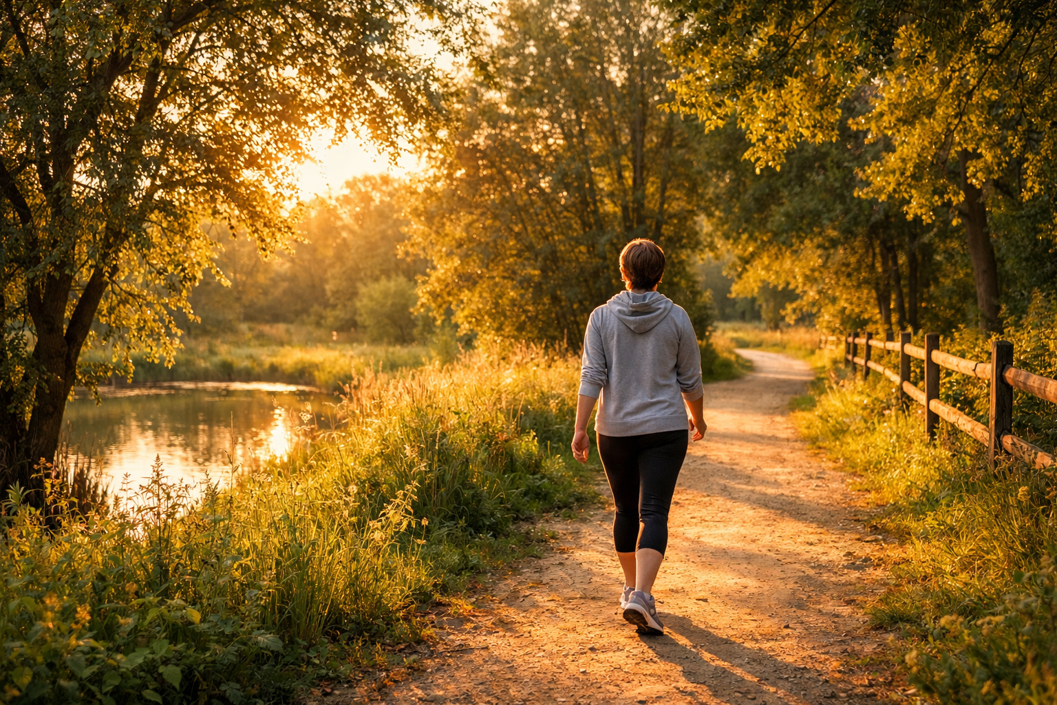 person walking in nature park during golden hour, gentle exercise, serene environment with trees and path